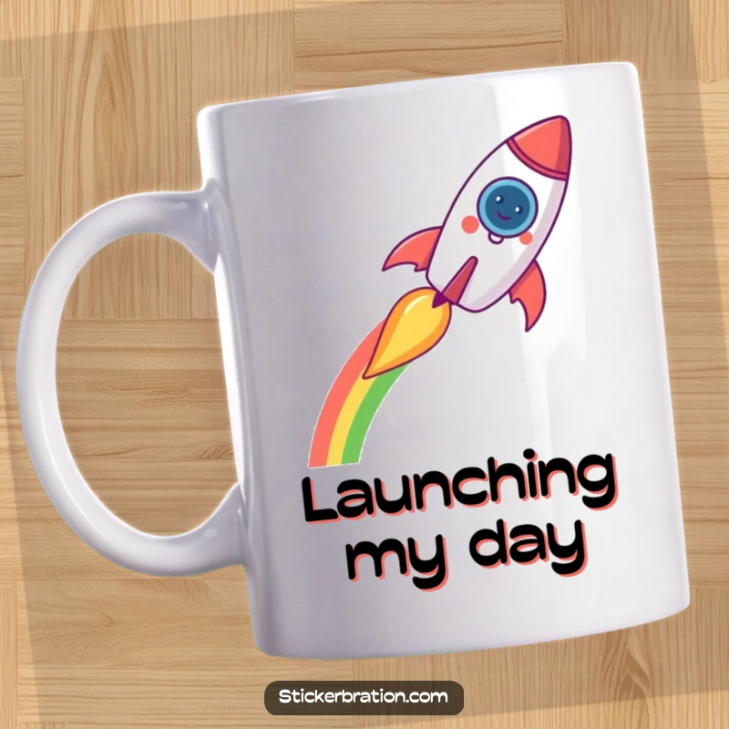 Funny rocket mug featuring a cheerful rocket blasting off with a vibrant rainbow trail, symbolizing fun and cosmic adventure.
