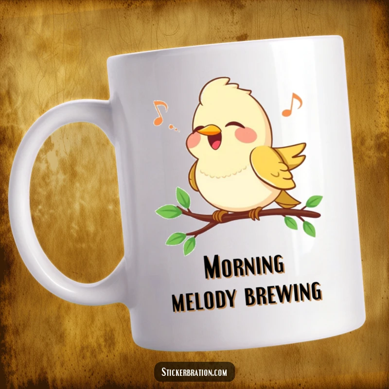 Funny Bird Song Mug: A chirpy bird perched on a branch sings a happy tune, spreading musical joy.