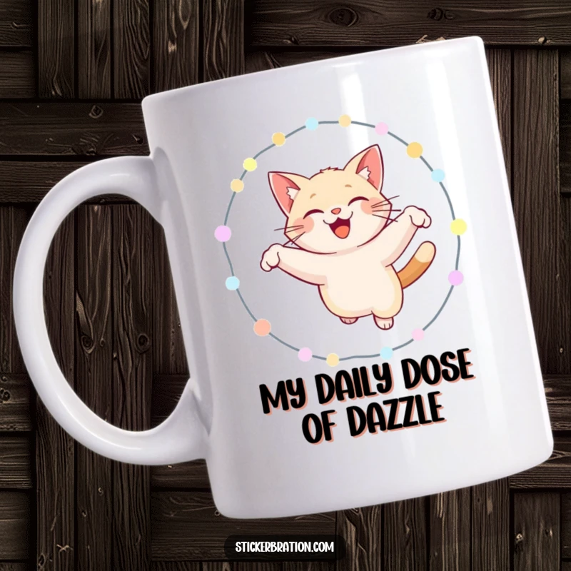 Funny cat mug featuring a smiling cat leaping joyfully through a glowing hoop of colorful lights, celebrating a playful and humorous moment.