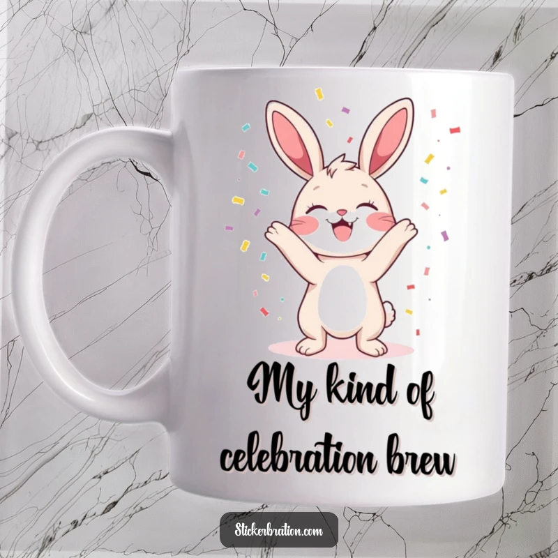 Funny bunny mug with a character gleefully tossing confetti, celebrating joy and festive party vibes.