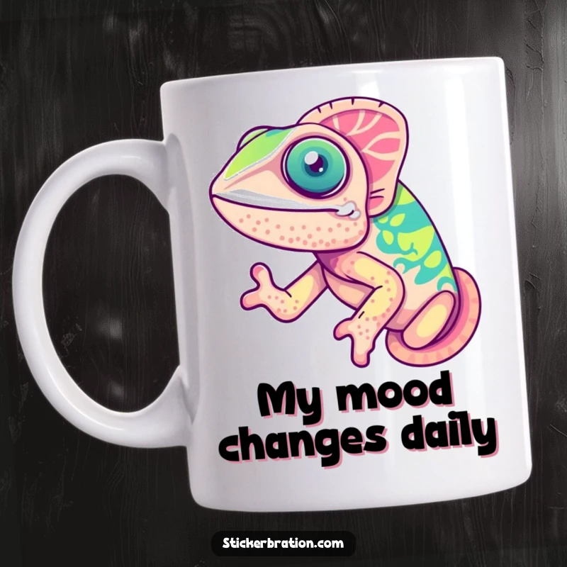 Funny chameleon mug showing a cute, happy chameleon joyfully changing through colorful patterns, expressing pure delight.