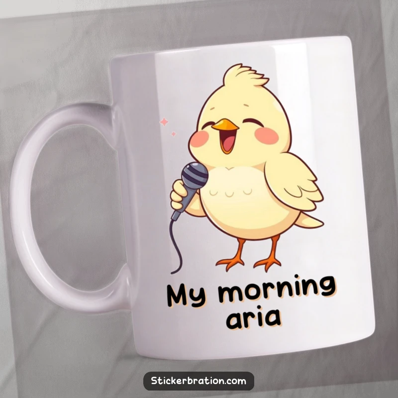 Funny mug featuring a cheerful bird singing its heart out into a tiny microphone, embodying a passionate performer.