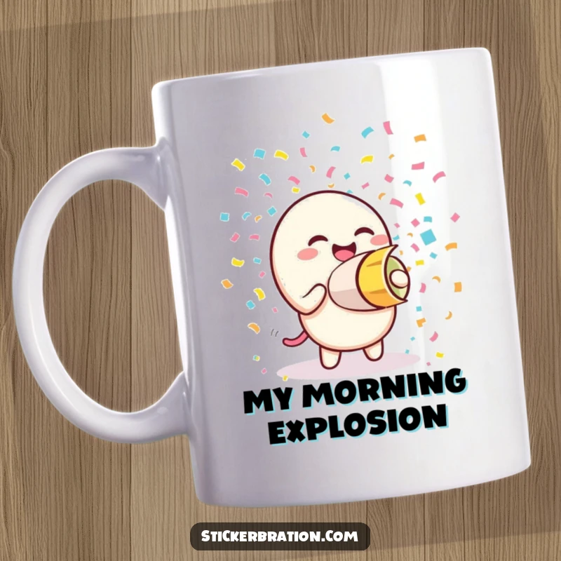 Funny mug with a giggling confetti cannon character enthusiastically firing a stream of colorful paper, symbolizing pure joy and celebration.