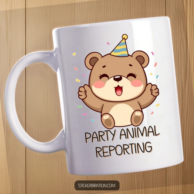 Funny mug showing a cute bear wearing a party hat, joyfully cheering and showering confetti, embodying pure celebratory fun.
