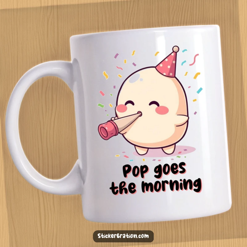 Funny mug featuring a cute, smiling blob character enthusiastically blowing confetti from a party horn, spreading joy and humor.