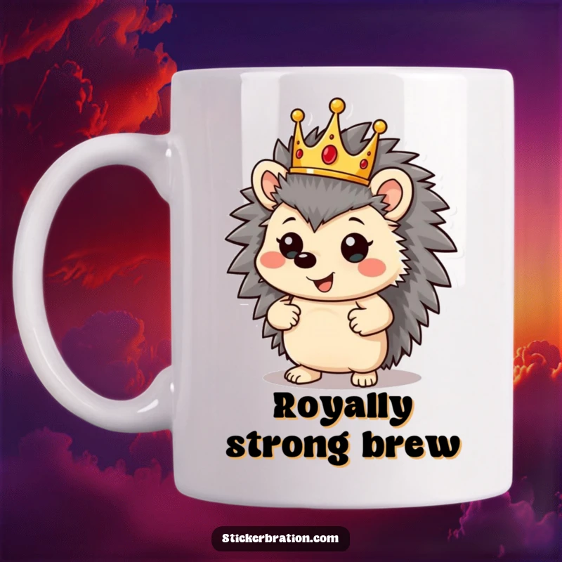 Funny hedgehog character wearing a crown, striking a proud pose, looking like a little king.