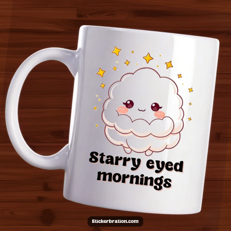Funny mug featuring a cute, fluffy cloud character gently showering tiny golden stars, creating a magical and humorous scene.