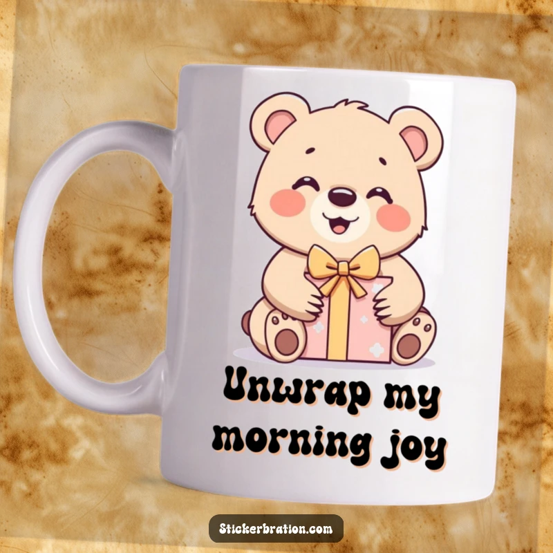 Funny bear cub mug showing a character excitedly unwrapping a gift box, radiating pure happiness and anticipation.