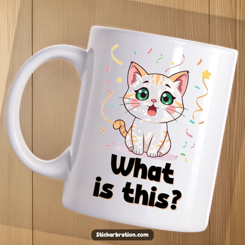 Funny surprised cat character amidst colorful streamers, expressing shock and amusement on a mug.