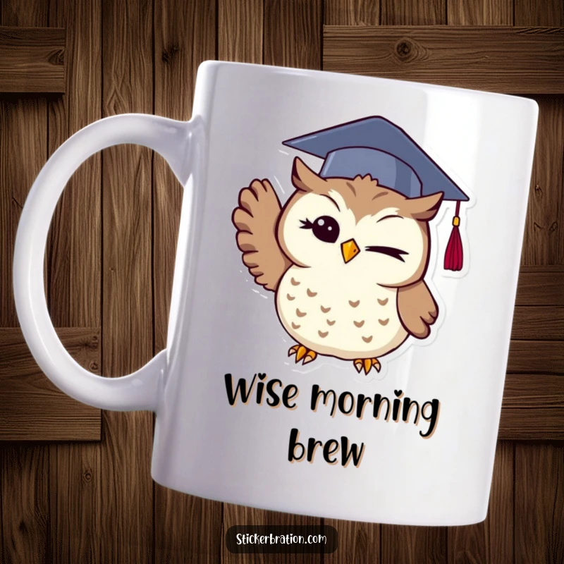 Funny winking owl mug wearing a graduation cap, joyfully throwing it in the air, celebrating academic success with a wise smile.