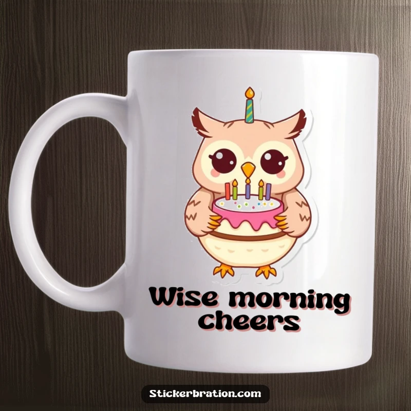 Funny cheerful owl character holding a birthday cake, smiling warmly on a festive mug.