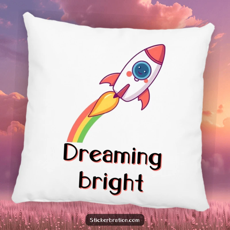 Funny rocket pillow featuring a cheerful rocket leaving a rainbow trail, offering soft comfort and whimsical cosmic humor.