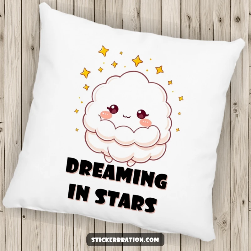 Funny pillow featuring a fluffy cloud character showering golden stars, offering a soft, magical, and humorous decorative element.