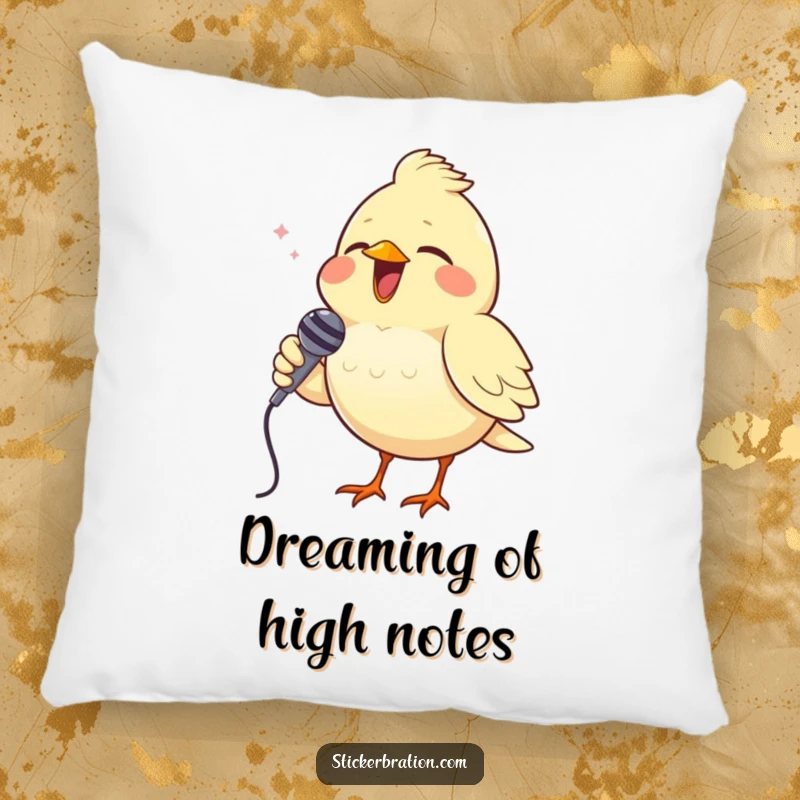 Funny pillow featuring a cheerful bird singing into a tiny microphone, bringing cozy humor and musical cheer.