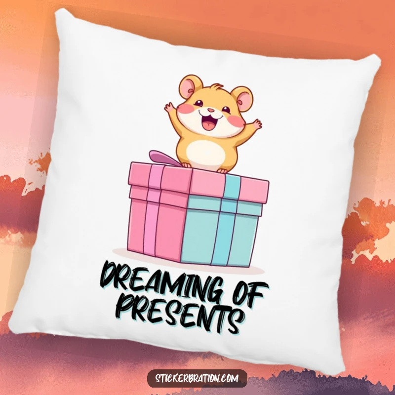 Funny decorative pillow with a plush texture, showing an exhilarated hamster bouncing with all its might on a giant present.