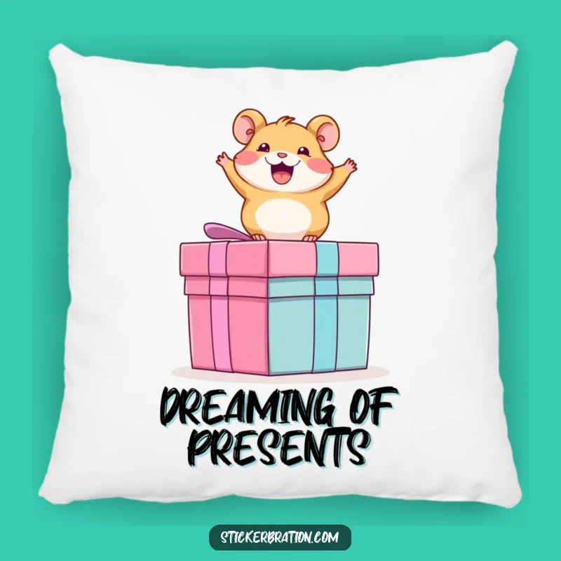 Funny Hamster Pillow: Soft Gift Featuring Excited Rodent on a Present, Cozy Decor!