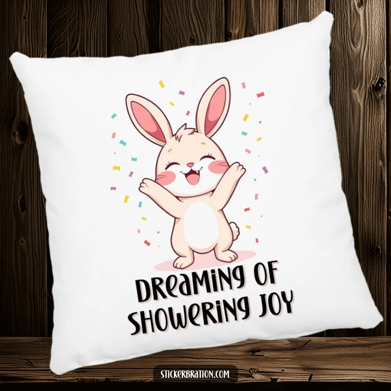 Funny bunny pillow featuring a character gleefully tossing confetti, adding a touch of humor and comfort to home decor.