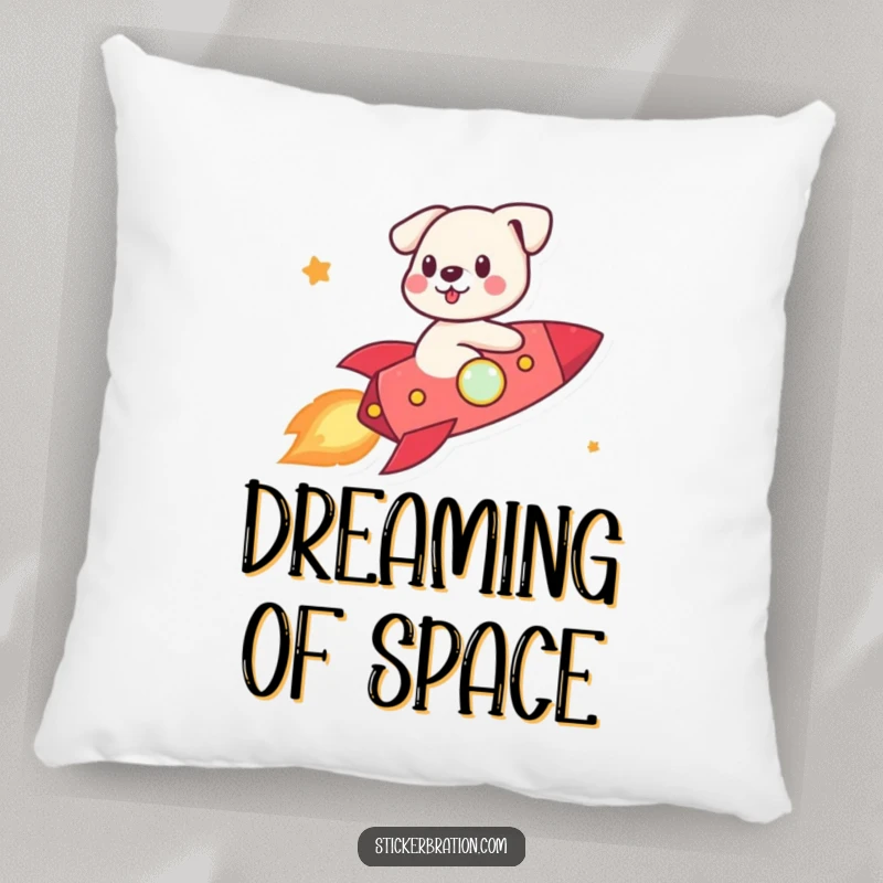 Funny cute dog character happily riding a rocket, resting on a soft and cozy pillow.