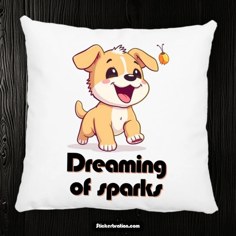 Funny Puppy Firefly Pillow: A soft pillow featuring an excited puppy joyfully chasing a firefly, perfect for cozy nights.