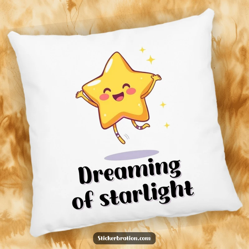 Funny pillow featuring a smiling star character joyfully dancing, leaving a trail of sparkles, perfect for adding cozy, cheerful vibes.