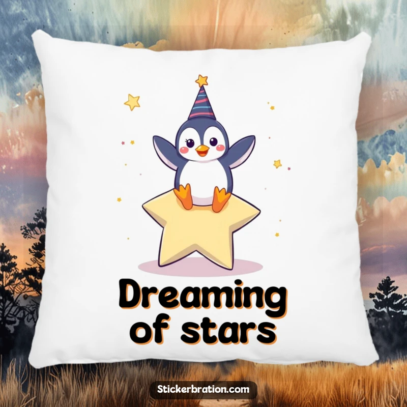 Funny pillow featuring a happy penguin character dancing on a giant star, adding comfort and a celebratory aesthetic.