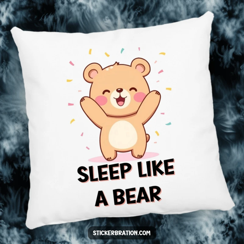 Funny cute bear character pillow joyfully tossing confetti in the air, bringing humor and soft comfort.