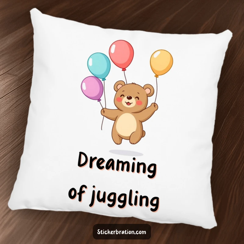 Funny pillow with a small, smiling bear juggling colorful balloons, offering a humorous and comforting decorative accent.