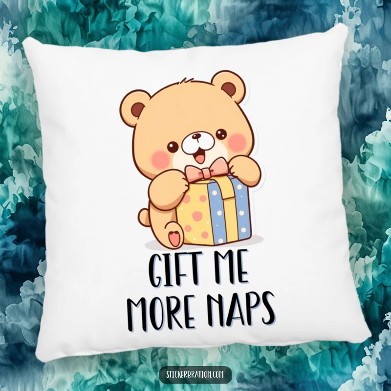 Funny pillow featuring a chubby bear character excitedly unwrapping a gift box, adding comfort and a touch of excitement.