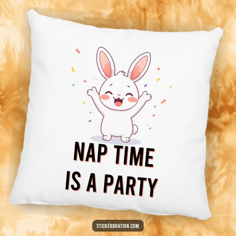 Funny pillow showcasing a happy bunny character cheering surrounded by delightful confetti, adding comfort and cheer to any seating area.