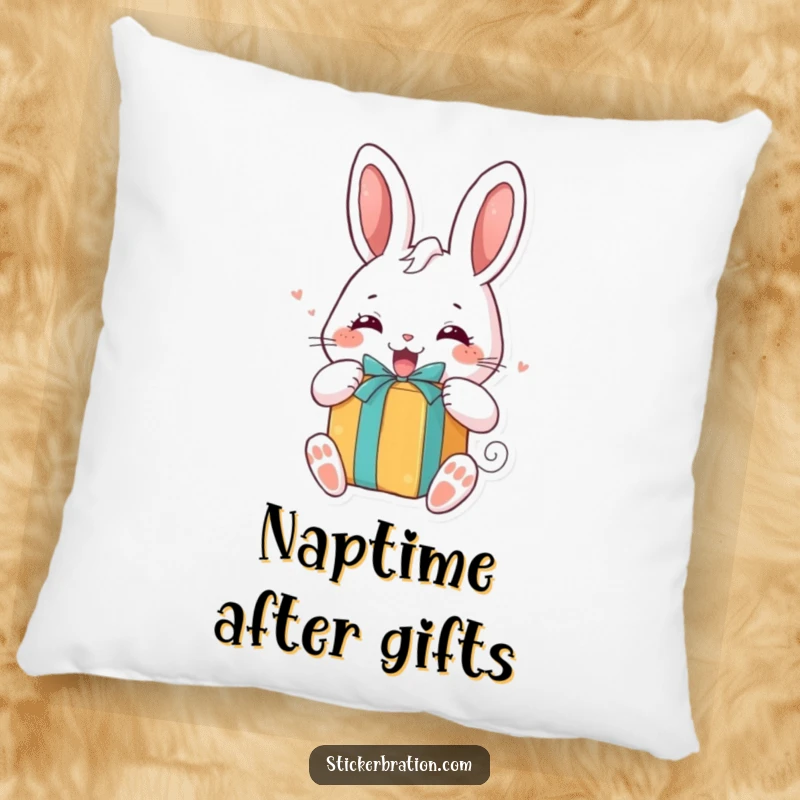Funny pillow featuring a chubby bunny character excitedly unwrapping a brightly colored gift, perfect for cozying up with cheerful vibes.