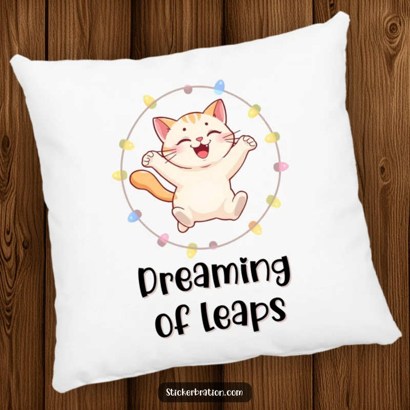 Funny pillow featuring a smiling cat leaping through a hoop of lights, bringing cozy humor and feline charm.