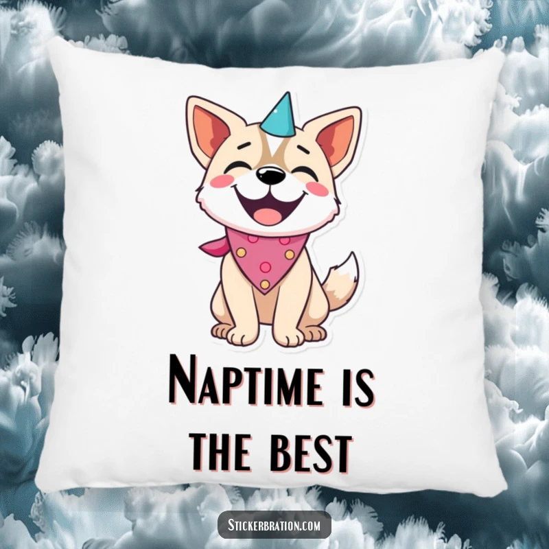 Funny dog character on a pillow, wearing a party bandana and wagging its tail with happy comfort.