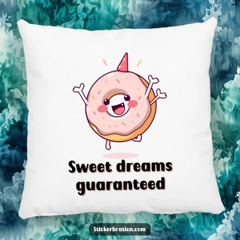 Funny pillow with a happy donut character in a celebratory jump, providing cozy comfort with a delightful, humorous design.