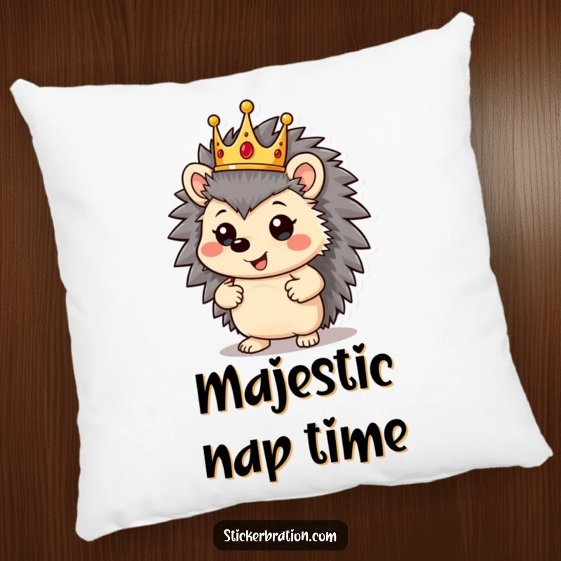 Funny hedgehog character on a pillow, wearing a crown and striking a proud pose, offering royal comfort.