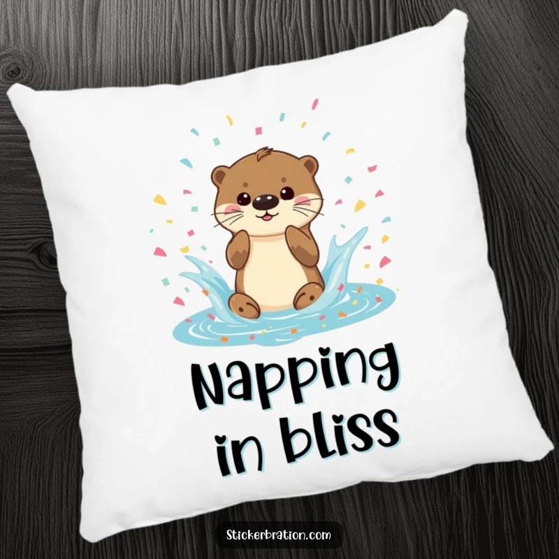 Funny Otter Splash Pillow featuring a playful otter splashing in confetti, providing comfort and a cheerful, humorous design, a decorative and cozy item.