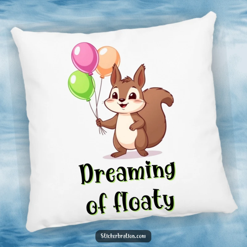 Funny squirrel pillow featuring a mischievous character juggling colorful balloons, providing a soft and humorous accent for sofas or beds.