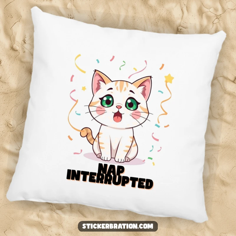 Funny cat character appearing surprised, nestled amongst streamers on a soft and comforting pillow.