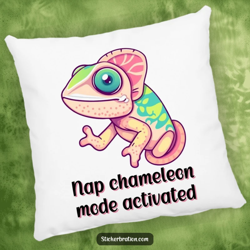 Funny chameleon pillow featuring an adorable, beaming chameleon joyfully shifting through its vibrant color spectrum, soft and cuddly.