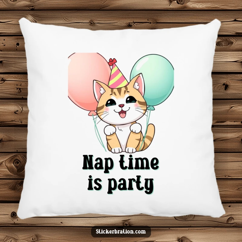 Funny pillow with a happy cat in a party hat peeking from behind balloons, offering cozy comfort and a festive, joyful touch.