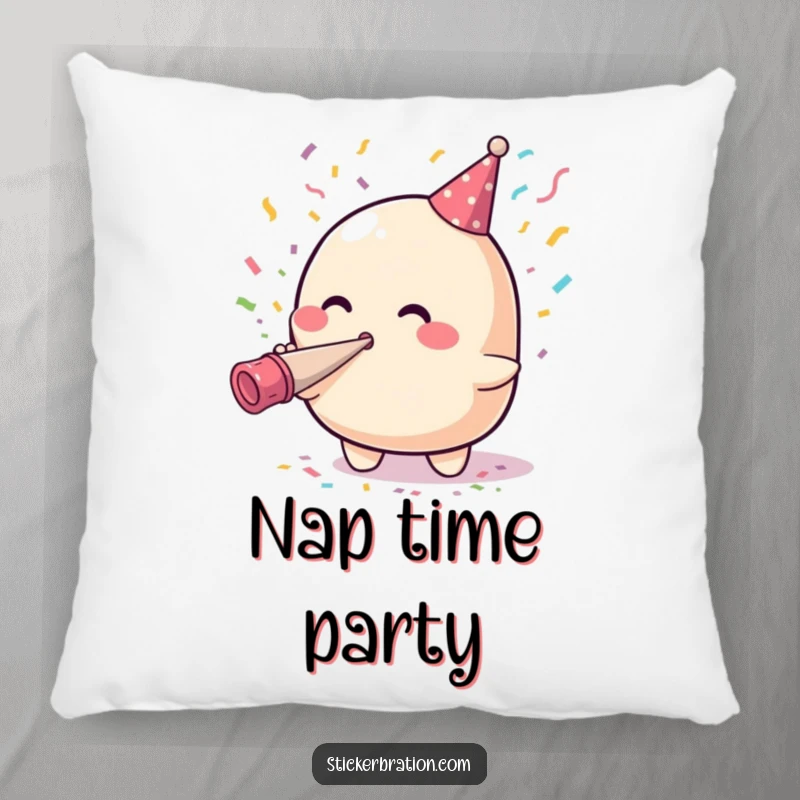 Funny pillow with a cute blob character blowing confetti from a party horn, offering a humorous and cozy decorative element.