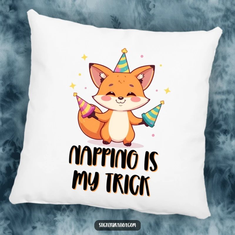 Funny pillow featuring a grinning fox character juggling shiny party hats, adding comfort and a playful aesthetic.