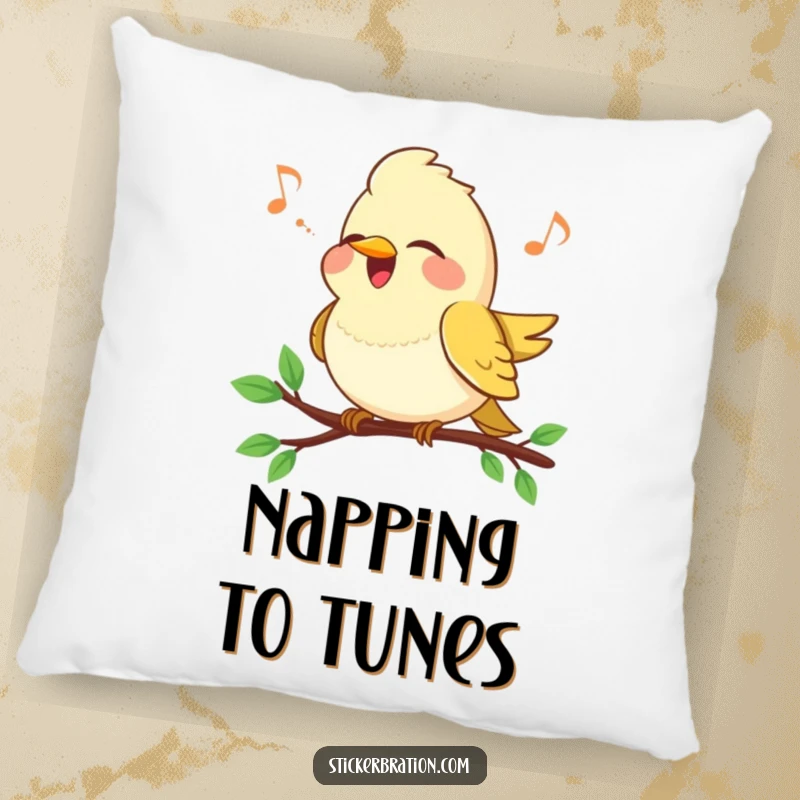 Funny Bird Song Pillow: A soft pillow featuring a happy bird singing on a branch, perfect for cozy spaces.