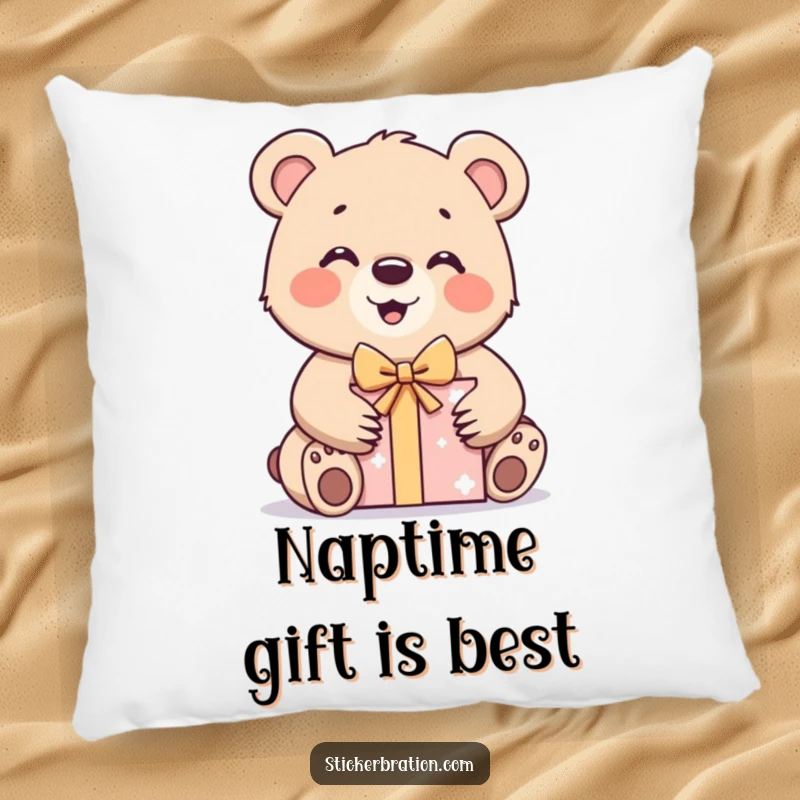 Funny bear cub pillow featuring a character excitedly unwrapping a gift box, adding humor and coziness to any space.
