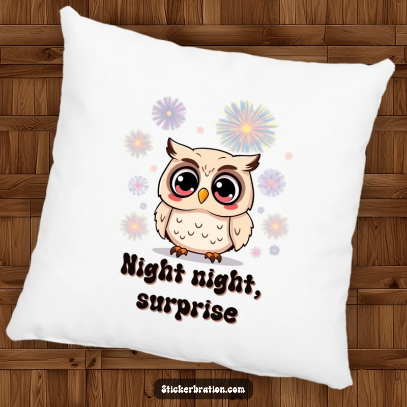 Funny owl pillow featuring a surprised character with wide eyes watching a firework, providing a soft and humorous accent for sofas or beds.