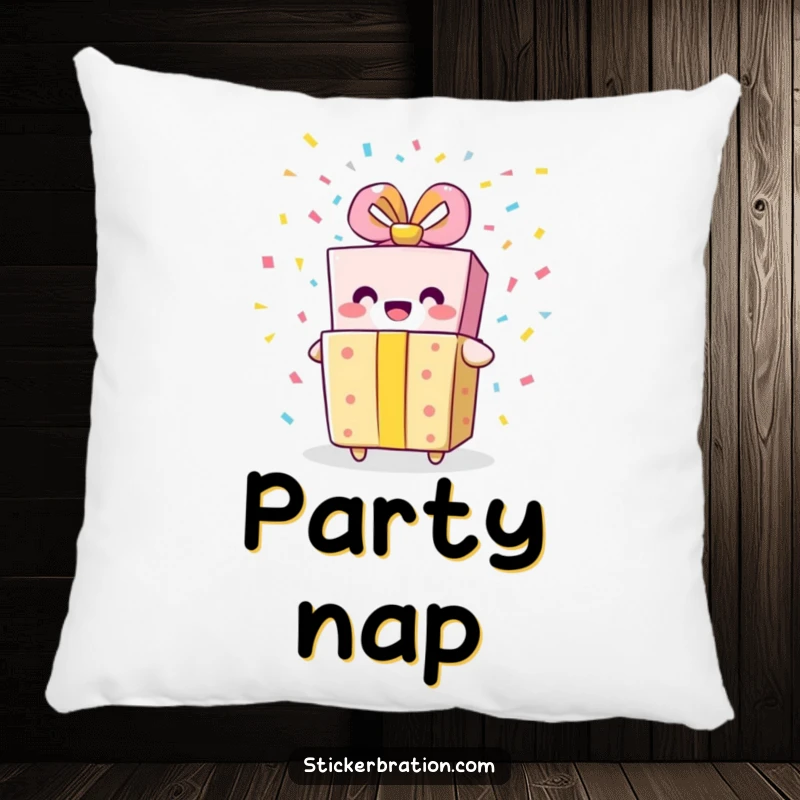 Funny gift box pillow featuring a smiling character bursting with confetti, offering soft comfort and festive, playful humor.