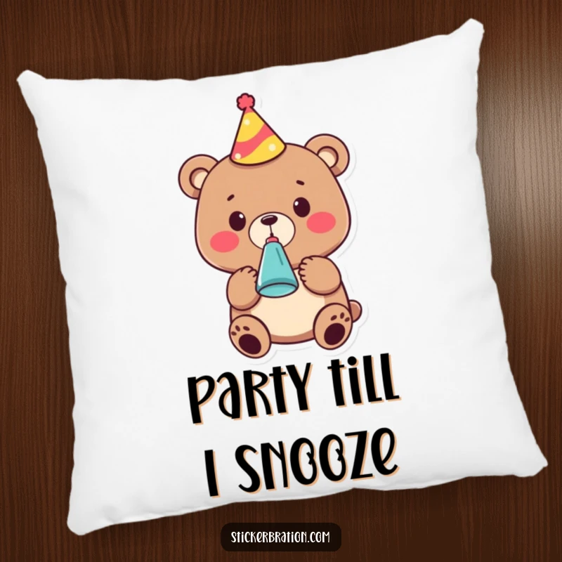 Funny pillow featuring a cute bear character in a party hat, blowing a noisemaker, perfect for cozying up with festive vibes.