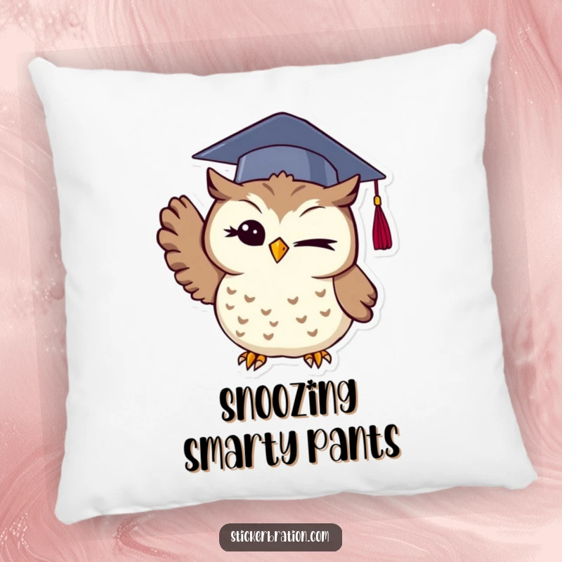 Funny owl pillow depicting a winking graduate owl wearing a cap and tossing it up, offering soft comfort and a touch of wisdom.