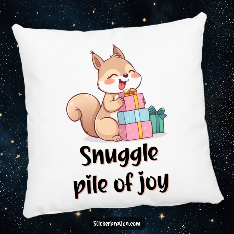 Funny pillow showcasing a giggling squirrel holding a stack of gifts, bringing cheerful and humorous vibes indoors.