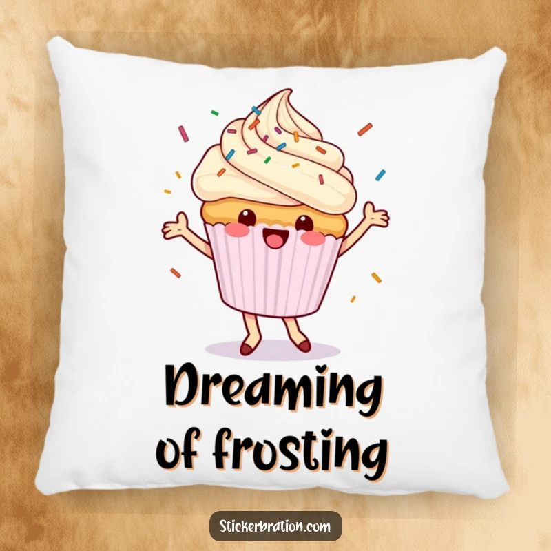 Funny cupcake pillow depicting a dancing character happily showering sprinkles, offering soft comfort and a delightful sweet theme.