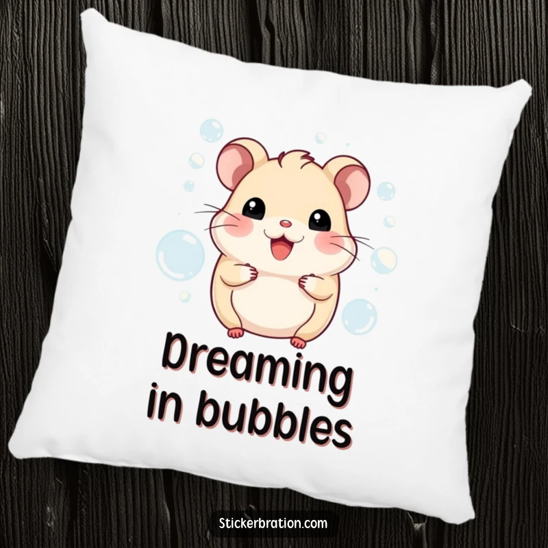 Funny hamster pillow featuring a content character peacefully nestled amongst a flurry of iridescent bubbles. Soft, decorative, and amusing.
